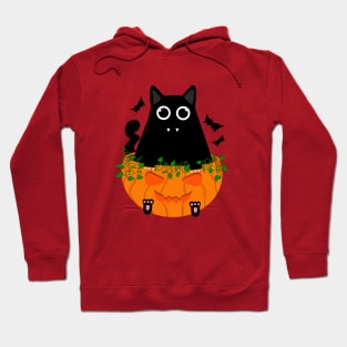 Cute Spooky Black Cat with Fangs Sits in Halloween Pumpkin Hoodie